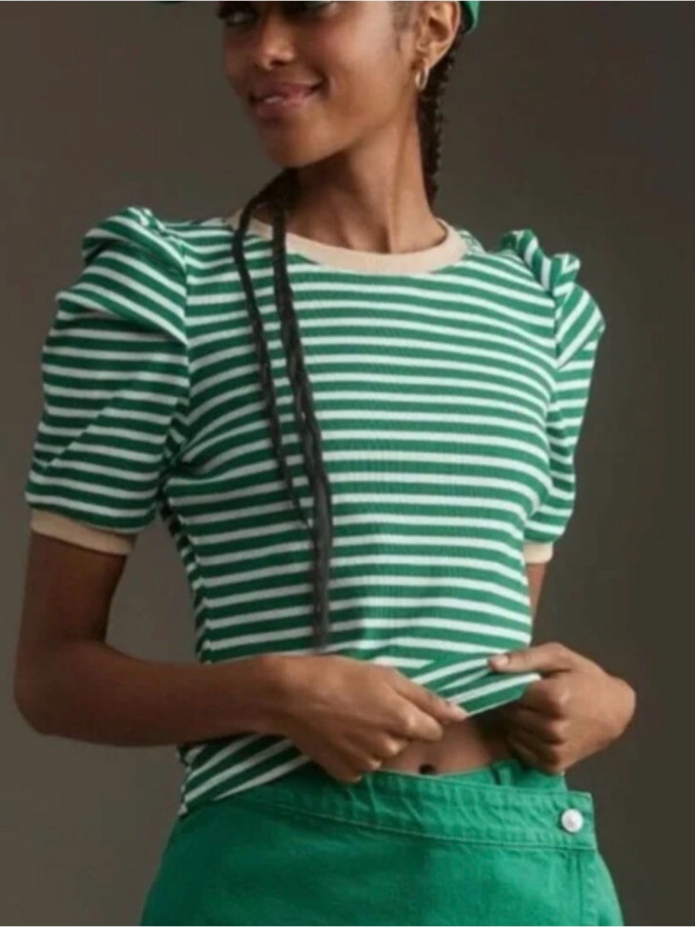 Maeve Green and Cream Striped Puff Sleeve Top